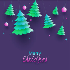 Glossy Paper Cut Xmas Trees with Pink Baubles Hang and Stars on Purple Background for Merry Christmas Celebration.