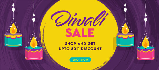 UP TO 80% Offer for Diwali Sale Header or Banner Design Decorated with Hanging Illuminated Candles.