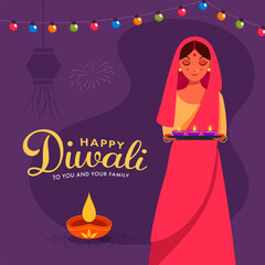 Illustration of Hindu Woman Holding Plate of Lit Oil Lamps (Diya) and Colorful Lighting Garland on Purple Background for Happy Diwali Celebration.