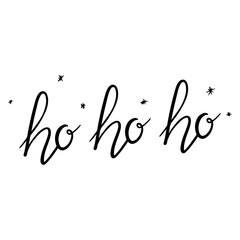 Ho Ho Ho modern brush bounce calligraphy ink in black isolated on white background with ink snowflakes trendy lettering vector illustration for design.