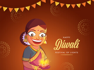 Cheerful Woman Holding Plate of Lit Oil Lamps (Diya) and Bunting Flags on Brown Background for Happy Diwali Celebration.