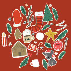 Seamless repeat Christmas vector pattern with trees gloves cup ornament and gingerbread house.