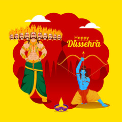 Illustration of Demon Ravana with Lord Rama Holding Bow Arrow and Lit Oil Lamp (Diya) on Red and Yellow Background for Happy Dussehra.