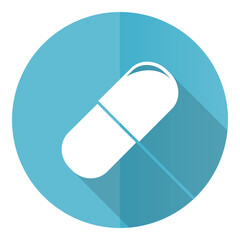 Drugs vector icon, flat design blue round web button isolated on white background