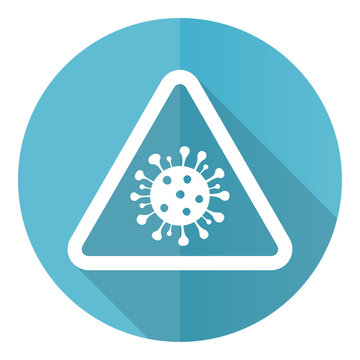 Coronavirus triangle warning sign, covid-19 caution blue vector icon, flat design illustration in eps 10