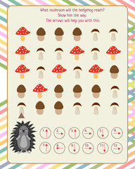Logic game for children. What mushroom will the hedgehog reach show him the way. arrows will help with this