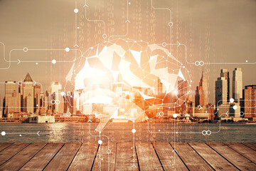 Brain hologram drawing on cityscape background multi exposure. Ai in modern city concept.