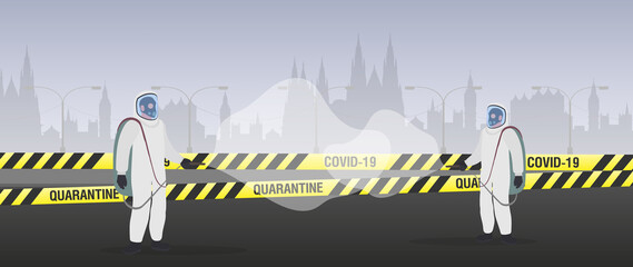 People in protective suits from the virus. The city is in quarantine. Coronavirus in the city. Yellow ribbons with black stripes. Vector illustration