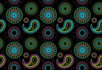 Abstract Seamless Mandala Pattern on Black Background - Colored Repetitive Texture, Vector Illustration