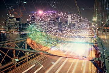 Data theme hologram drawing on city view with skyscrapers background double exposure. Ai concept.