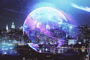 Double exposure of technology theme hologram and cityscape background. Concept of Hightech.