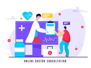 Illustration of Patient Consultation To Doctor via Computer with Medicines For Avoid Coronavirus Outbreak.