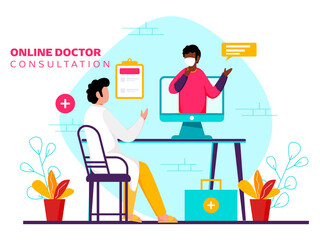 Fototapeta na wymiar Cartoon Doctor Interact with Patient on Video Call To Protect From Coronavirus Outbreak. Online Doctor Consultation Concept Based Poster Design.