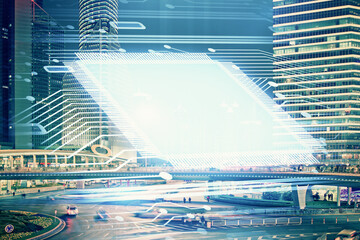 Data theme hologram drawing on city view with skyscrapers background multi exposure. Ai concept.