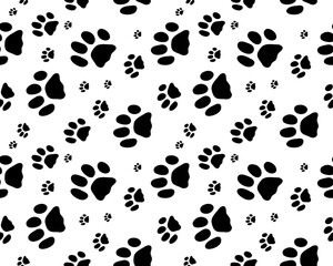 Seamless pattern of print of dogs paws on a white background	