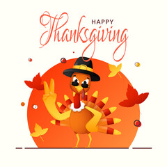 Illustration of Cartoon Turkey Bird Wearing Pilgrim Hat with Goggles in Rocking Pose and Autumn Leaves on Orange and White Background for Happy Thanksgiving Day.