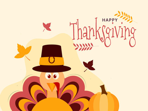 Illustration of Cartoon Turkey Bird Wearing Pilgrim Hat with a Pumpkin and Leaves on White Background for Happy Thanksgiving Day.