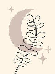 Modern composition with moon and plant. Boho wall decor. Mid century art print.