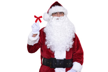 Senior man in traditional Santa Claus costume with one finger pointing up. Number one concept.
