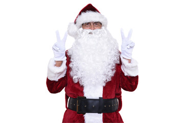 Senior man wearing a traditional Sant Claus costume with his hands raise making a vee gesture. Victory Concept.