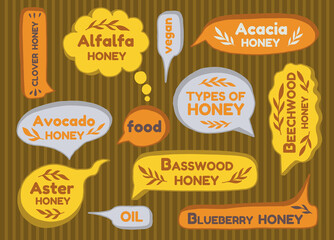 Speech text lable type honey set. Collection design name designation.