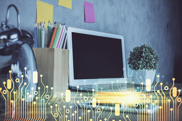 Multi exposure of desktop with computer on background and tech theme drawing. Concept of big data.