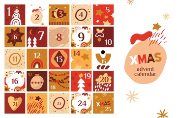 Decorative Christmas advent calendar for 25 days with symbols of the holiday in boho styles with abstract elements. Poster for the celebration of the holiday for family. Cartoon vector illustration.