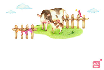 年賀状2021　牧場の牛の親子　手描き色鉛筆画　横　文字なし