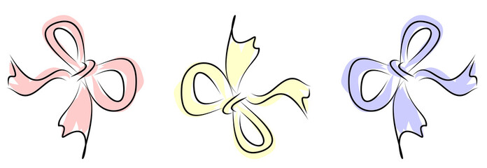 Vector girlish background. Set of bows with a black outline on a white background. Icon of a girls theme