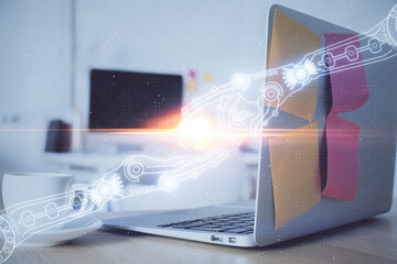 Multi exposure of desktop computer and technology theme hologram. Concept of software development.