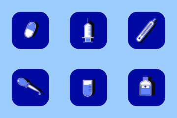 Medical icons: syringe, pipette, test tube, thermometer, medicine, pill. Vector image in eps format.
