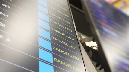 Cancelled flights in airport terminal on digital time table. Preventive measures to reduce spread of disease during coronavirus pandemic. Time schedule board near check in counter