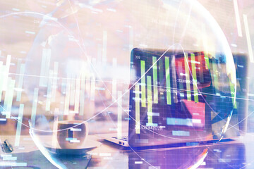 Multi exposure of business theme icons and work space with computer background. Concept of success.