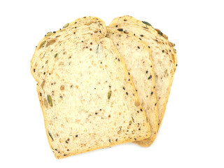 Fresh homemade slice of whole wheat bread isolated on a white background..Top view..