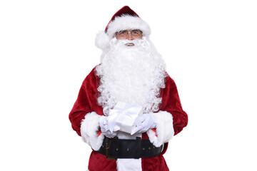 Senior man wearing a traditional Sant Claus costume holding a white paper wrapped present with white bow in front of his torso.