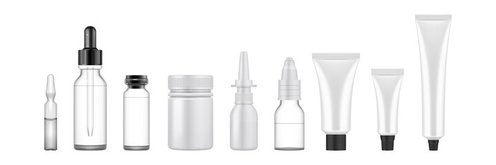 Realsitic cosmetic packages set. Collection of realism style drawn plastic bottles for beauty and skincare body facial liquid soaps. Illustration of container lotions and creams on white background.