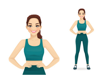 Sport fitness woman in sportswear standing isolated vector illustration