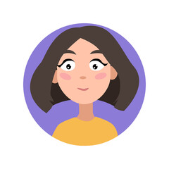 Female user profile. Avatar is a woman. A character for a screen saver with emotions. For website and mobile app design. Vector illustration on a white isolated background.