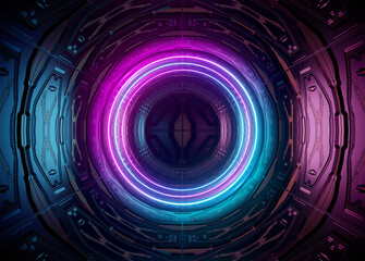 Neon style circle mockup in futuristic piping. Blue and pink modern hologram illuminated by lights in futuristic interior 3D rendering