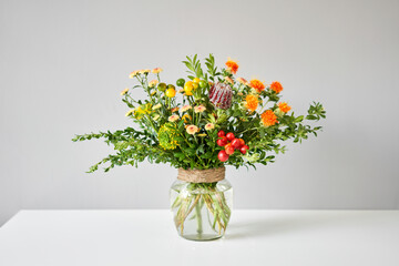 flowers in a vase. Flowers bunch, set for home. Fresh cut flowers for decoration home. European floral shop. Delivery fresh cut flower.