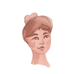 Watercolor portrait of a brunette girl of Slavic race for International Women's Day on 8 March.Illustration of a person on a white isolated background.Design for cards,social networks,posters.