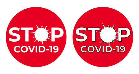 Sign Stop COVID-19, concept of coronavirus disease prevention and quarantine. Banner with COVID19 coronavirus icon and pandemic warning theme on red.