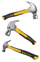 Set of black and yellow hammers with a rubberized handle isolated on white