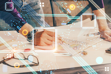 Writing man with technology icons. . Double exposure. Network and data concept.