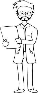cute and friendly cartoon man doctor, physician with glasses isolated on a white background. Coloring book for children, Doctor