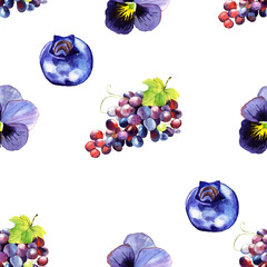 Seamless pattern illustration with grapes,blueberry and viola tricolor flowers isolated on white background - 385440360