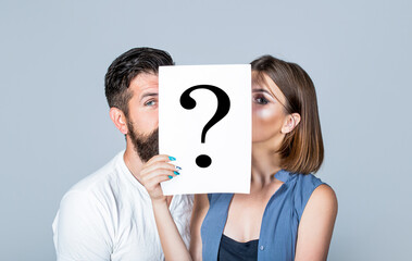 Anonymous, man and woman question. Kiss couple, incognita. Problems and solutions. Couple in...