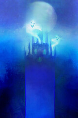 Halloween terrible illustration with a ghost in front of a haunted castle - frame