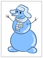 Cartoon snowman on white background. Winter symbol. Christmas and New Year design. Snowman flat icon. Hand drawn