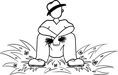 Farmer with a bunch of grass isolated cartoon character on white background. Coloring book pages for kids.Cute peasant in a hat siting on grass with  a handful of hay, flat vector illustration. 